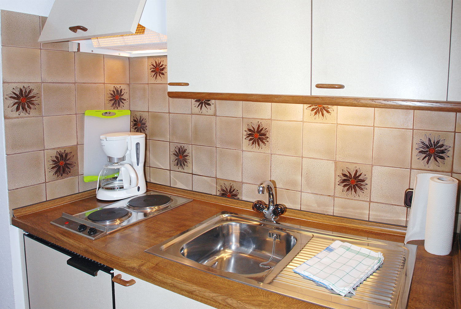 Küchenzeile mit Zwei-Plattenherd in der Ferienwohnung Nebelhorn