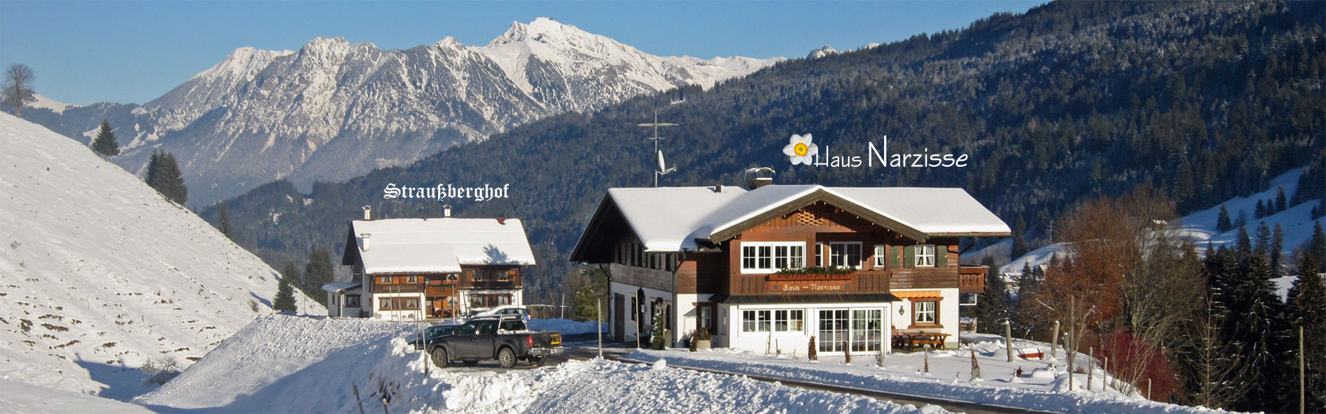 Haus Narzisse und Straußberghof im Winter - Ferienwohnungen Kleinwalsertal - Ruhige Lage