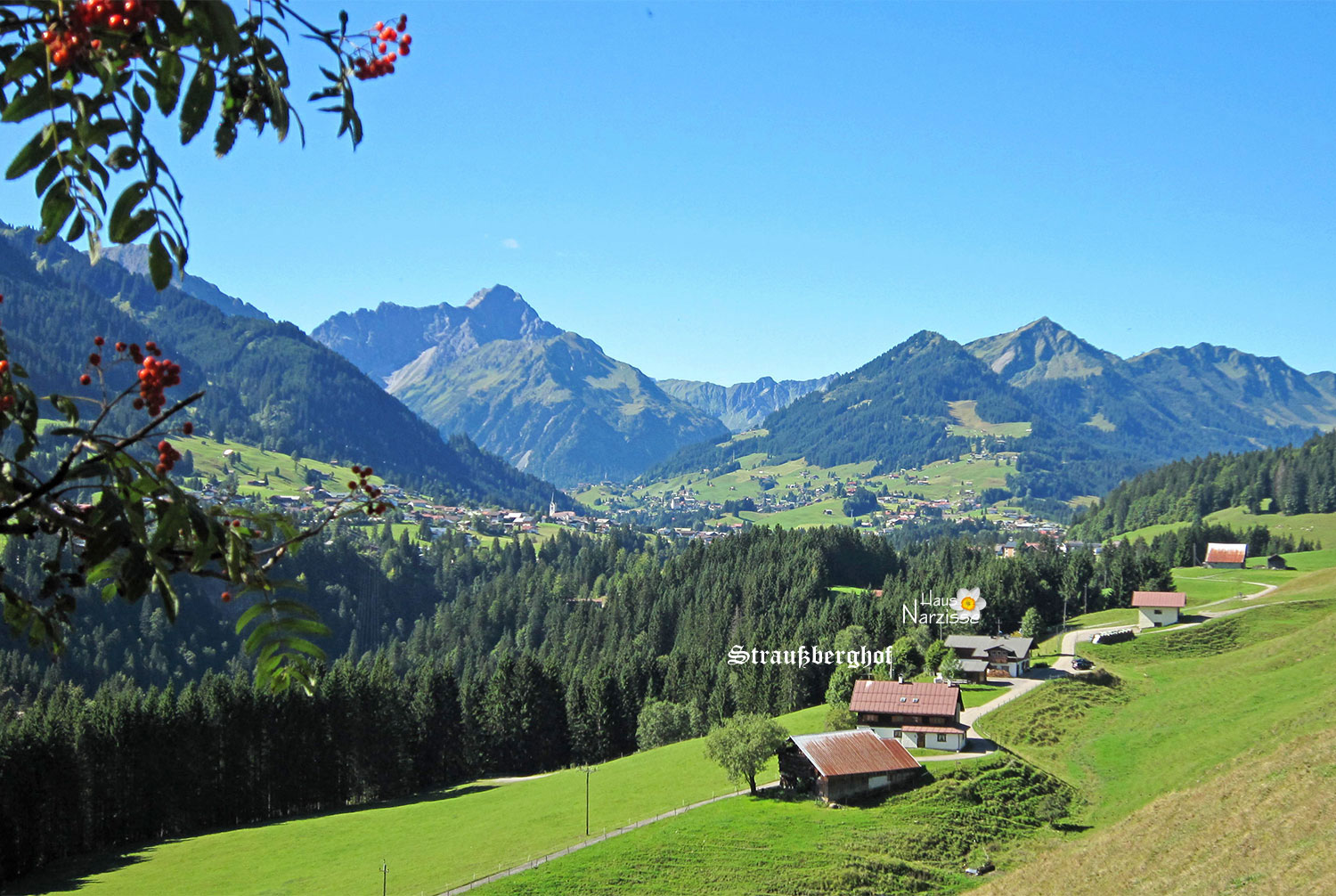 Blick ins Tal und auf die Berge - Straußberghof, Haus Narzisse im Kleinwalsertal